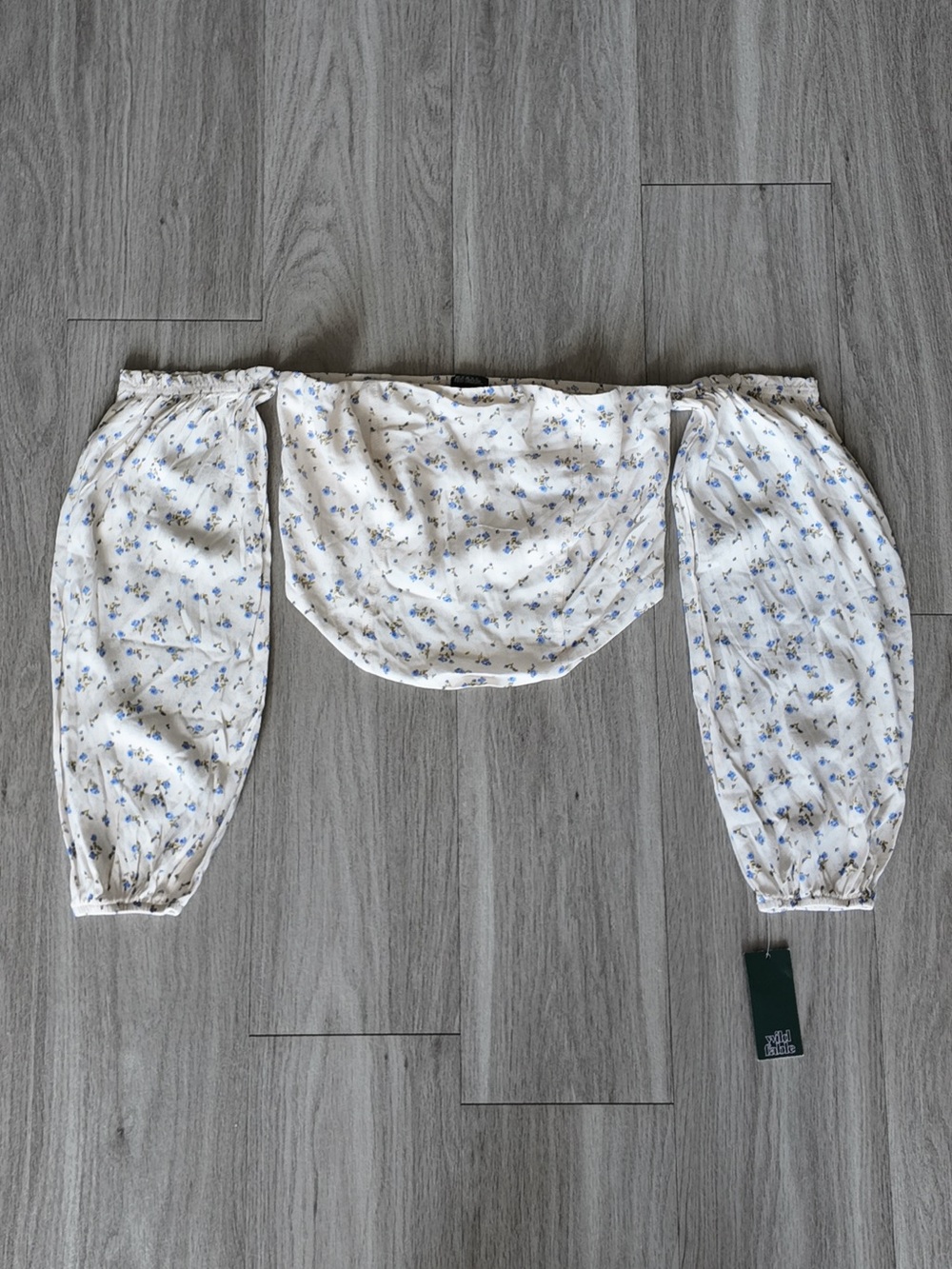 Wild Fable Floral Off-Shoulder Crop Top in Cream with Blue Flowers